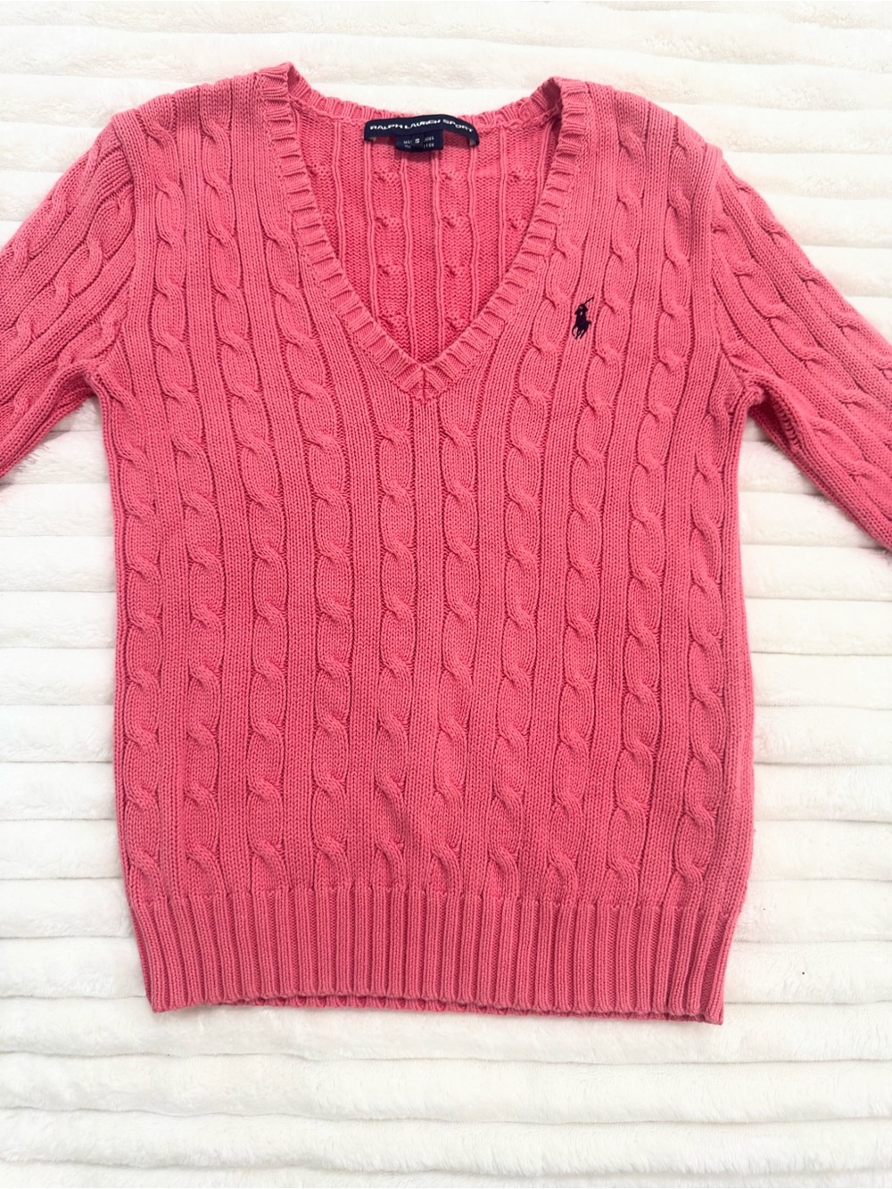 Ralph Lauren Sport Women’s Small Coral Pink Cable Knit V-Neck Cotton Sweater